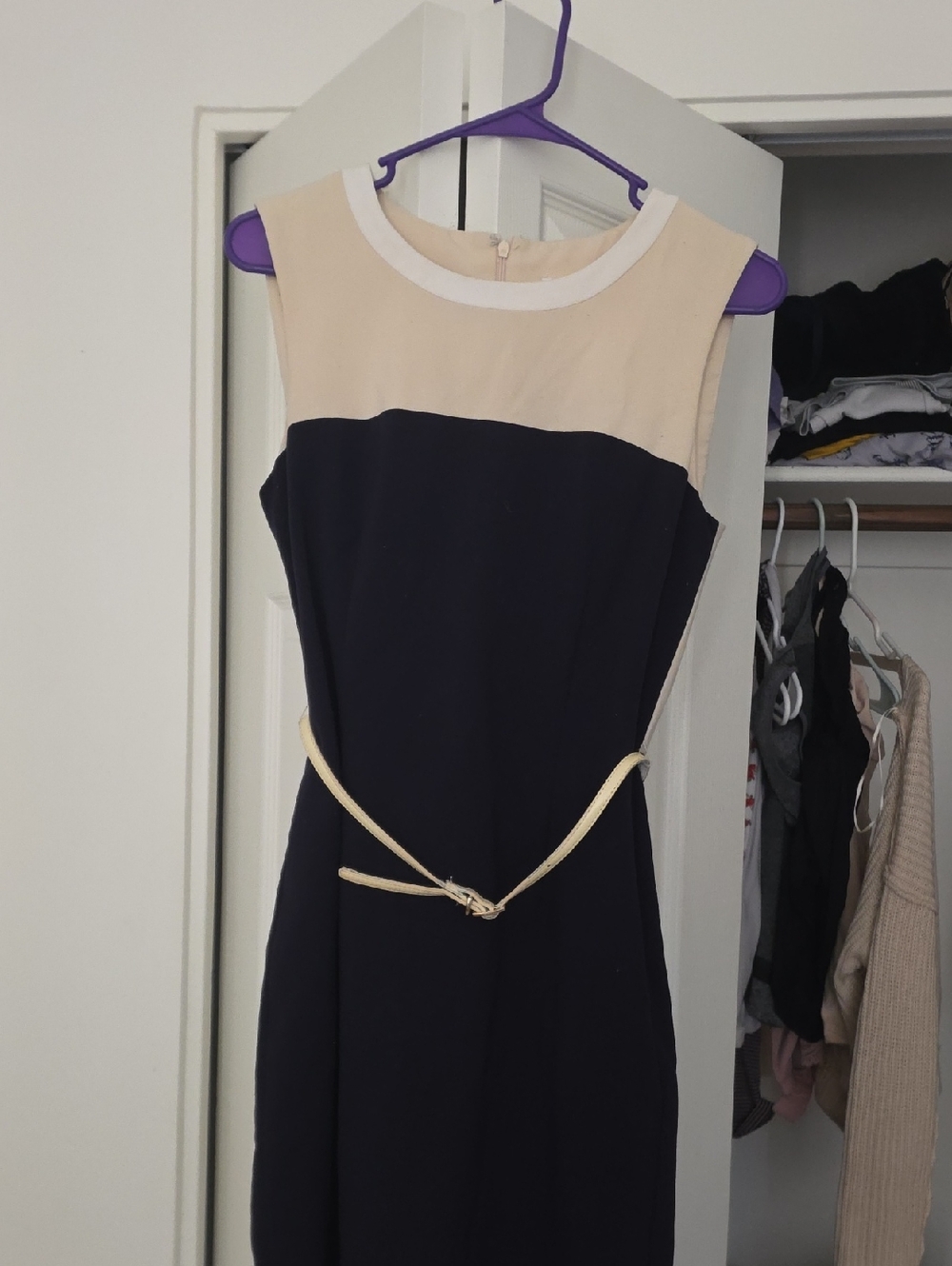 Calvin Klein Navy and Cream Colorblock Midi Sheath Dress